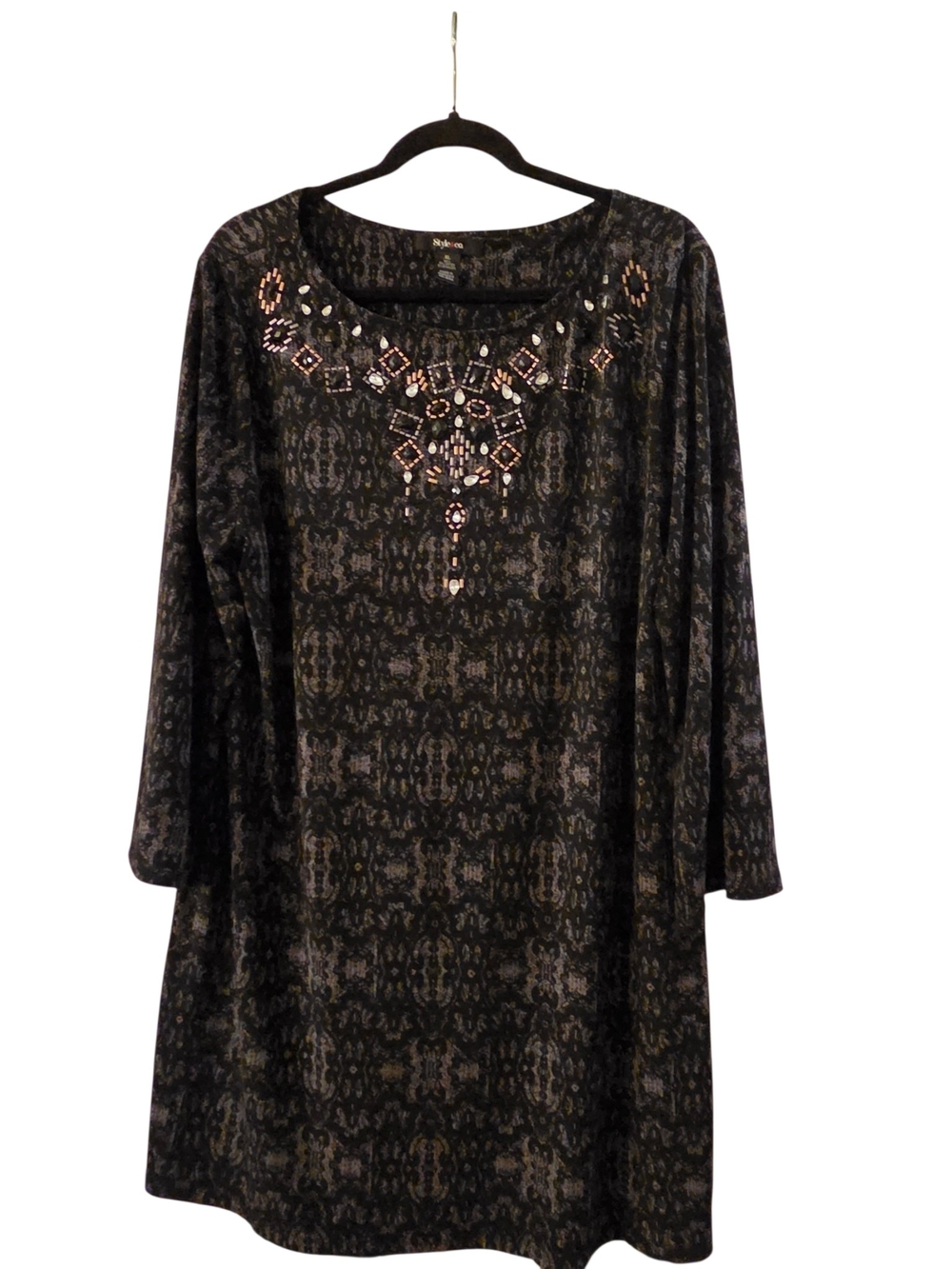 Style & Co Black & Grey Damask Tunic Dress Beaded Neck XL